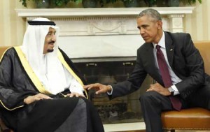 HISTORIC MEET  King Salman bin Abd alAziz of Saudi Arabia (L) speaks with US President Barack Obama during their meeting in the Oval Office at the White House in Washington, DC on Friday (Saturday in Manila). AFP PHOTO