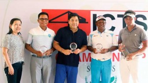 Martin Nievera (center), representing nephew and Order of Merit winner Miguel Tabuena, holds the OOM trophy as he poses with ICTSI Public Relations head Narlene Soriano, Joe Dagdagan, TonyLascuña and Clyde Mondilla. CONTRIBUTED PHOTO 