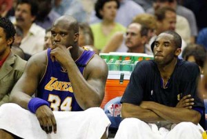 In this May 7, 2003 file photo Los Angeles Lakers’ Shaquille O’Neal (left) and Kobe Bryant sit on the bench during the fourth quarter of the NBA Western Conference Semi-Finals Playoff game against the San Antonio Spurs at the SBC Center in San Antonio. AFP PHOTO