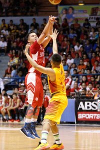 San Beda’s Baser Amer fires a long shot over a Cardinals defender during a National Collegiate Athletic Association Season 91 men’s basketball game on Friday at The Arena in San Juan City. PHOTO BY OSWALD LAVINA