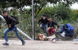 OVER THE BORDER  Some refugee people cross through a hole in a barbed-wire fence an they run into the forest at the Hungarian-Serbian border near Roszke, on September 10. Hungary’s border with Serbia has become a major crossing point into the European Union, with more than 160,000 entering Hungary so far this year. AFP PHOTO