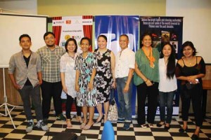 (From left) Juan Miguel Severo, playwright of Hintayan ng Langit; Eljay Deldoc, playwright of Si Maria Isabella at ang Guryon ng mga Tala; Len Pozon, marketing head of Pioneer; representatives from Miriam College; Fernando ‘Tata Nanding’ Josef, artistic director of Tanghalang Pilipino; and representatives from College of St. Benilde