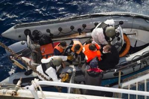 EU TO INCREASE SEA PATROLS This handout picture taken and released by the French Navy (Marine Nationale) on September 5 shows members of the French Navy crew of the Commandant Bouan patrol ship taking part in a rescue operation of refugees. The UN Security Council is considering a resolution to permit EU naval forces greater latitude in tracking and seizing boats being used by people-smugglers. AFP PHOTO