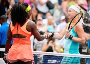 Serena Williams (left) of the United States greets Kiki Bertens of the Netherlands after defeating her to win their Women’s Singles Second Round match on Day Three of the 2015 US Open at the USTA Billie Jean King National Tennis Center on Thursday in the Flushing neighborhood of the Queens borough of New York City. AFP PHOTO