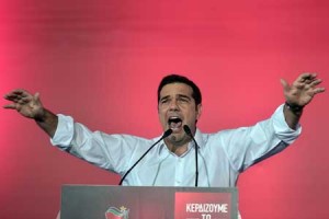 Radical left Syriza leader Alexis Tsipras addresses his party’s main preelection rally in central Athens Syntagma square on Friday (Saturday in Manila). AFP PHOTO