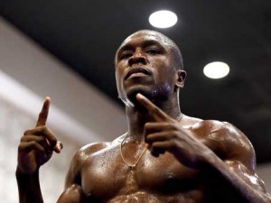 Andre Berto gestures during a workout at the Marriott Hotel in Los Angeles, California. Berto said September 1, 2015 that he is blocking out the hype and criticism for his welterweight world title fight against the unbeaten Floyd Mayweather in which he is a massive underdog. AFP PHOTO