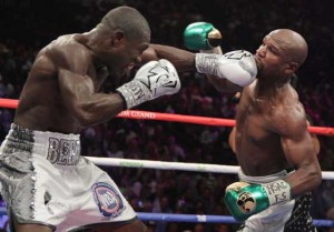 SHUT UP!  Floyd Mayweather Jr. (right) and Andre Berto fight for the WBO Welterweight world title at the MGM Grand Garden Arena in Las Vegas, Nevada. Mayweather earned a unanimous decision to claim his 49th victory and he says Berto was his final victim in a glittering unbeaten ring career spanning two decades. AFP PHOTO