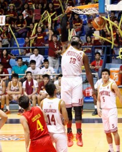 Bright Akhuetie delivers a monster slam to the delight of Altas fans during their match against the Golden Stags in a National Collegiate Athletic Association men’s basketball game at The Arena in San Juan City on Tuesday. PHOTO BY OSWALD LAVINA