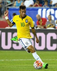 Neymar no.10 of Brazil handles the ball during an international friendly against the United States at Gillette Stadium on Wednesday in Foxboro, Massachusetts. AFP PHOTO