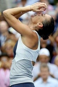 FINALLY!  Flavia Pennetta of Italy celebrates after defeating Roberta Vinci also of Italy during their women’s singles final match on Day 13 of the 2015 US Open at the USTA Billie Jean King National Tennis Center in the Flushing Meadows in Queens borough of New York City. AFP PHOTO