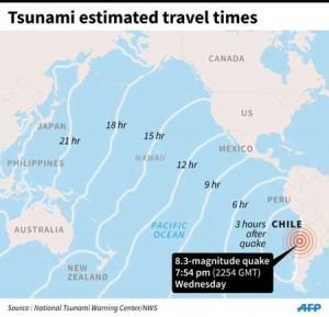 Map showing tsunami estimated travel times after an 8.3-magnitude quake hit Chile Wednesday.