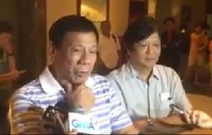 WILL THEY CROSS THE RUBICON? Davao City Mayor Rodrigo Duterte and Sen. Ferdinand Marcos Jr. field questions from reporters after they emerged from a 3-hour late night meeting on Wednesday. 