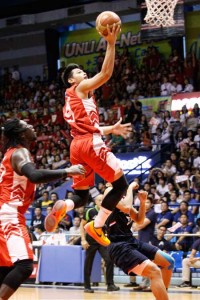 San Beda’s Javee Mocon attempts a fast-break lay-up against the Knights during a National Collegiate Athletic Association Season 91 men’s basketball game at The Arena in San Juan City on Tuesday. PHOTO BY OSWALD LAVINA