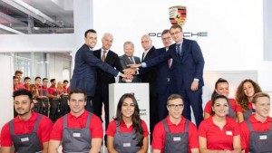 (From left to right) Nils Schmid, Minister of Finance and Economics of the State of Baden-Württemberg; Matthias Müller, Chairman of the Executive Board Porsche AG; Dr. Wolfgang Porsche, Chairman Supervisory Board Porsche AG; Uwe Hück, Chairman of the Company Works Council Porsche AG; Thomas Edig, Member of the Executive Board, Human Resources and Social Affairs; and Michael Föll, First Mayor of the city Stuttgart, 2015, Porsche AG   