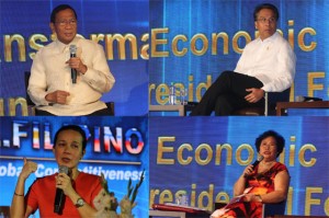 HOT SEAT Presidential candidates (clockwise from left) Vice President Jejomar Binay, Sen. Grace Poe, Sen. Miriam Defensor-Santiago and Manuel Roxas 2nd pitch to businessmen their economic platforms during the 41st Philippine Business Conference at the Marriott Grand Ballroom in Pasay City on Tuesday. PHOTOS BY RENE DILAN 