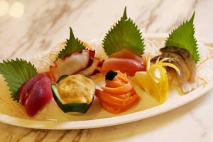 Sashimi plate of sea urchin, salmon, tuna, mackarel, octopus, and garoupa