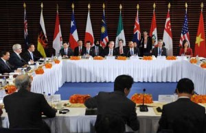 FIVE YEARS IN THE MAKING  This file photo taken on November 10, 2014 shows US President Barack Obama (3rd R) taking part in a meeting with leaders from the Trans-Pacific Partnership (TPP) at the US Embassy in Beijing in Beijing on the sidelines of the 2014 APEC Summit. Japan’s prime minister said on October 5 that a dozen nations have reached “broad agreement” on the Trans-Pacific Partnership, which aims to become the world’s largest free-trade zone, after days of final talks in Atlanta, Georgia. AFP PHOTO