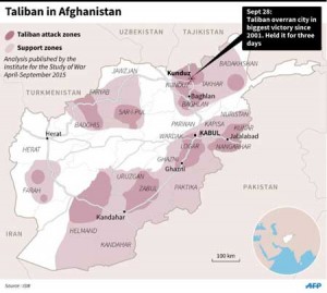 Map showing Taliban attack and support zones in Afghanistan, according to an analysis published by the Institute for the Study of War.