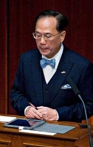 UNDER INDICTMENT In this file picture taken on March 1, 2012, Hong Kong’s then-Chief Executive Donald Tsang reacts as he speaks to lawmakers in parliament after revelations of his jaunts on private jets and yachts. Hong Kong’s former leader Donald Tsang was charged on October 5 with misconduct during his time in office, local media said, in the latest high-profile corruption case to hit the city. AFP PHOTO