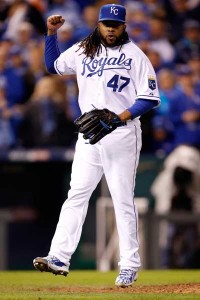 Johnny Cueto No. 47 of the Kansas City Royals celebrates defeating the New York Mets 7-1 in Game Two of the 2015 World Series at Kauffman Stadium on Thursday in Kansas City, Missouri. AFP PHOTO