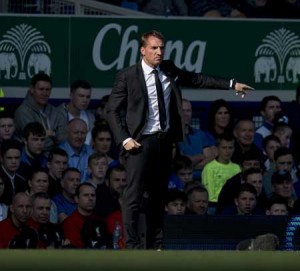 Liverpool’s Northern Irish manager Brendan Rodgers gestures during the English Premier League football match between Everton and Liverpool at Goodison Park in Liverpool north west England on Monday. AFP PHOTO