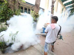 FOGGY BLAST  A worker fumigates the Baclaran Central Elementary School as part of the local government’s campaign to stop dengue. PHOTO BY RENE H. DILAN