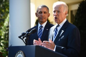 NOT RUNNING US Vice President Joe Biden (R), flanked by US President Barack Obama , speaks in the Rose Garden at the White House on October 21 in Washington, D.C. Biden announced that he is not running for president. AFP PHOTO 