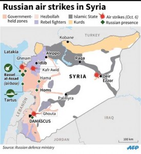 Map showing Russian bases and air strikes in Syria as of Tuesday, with the zones of control of the different forces on the ground.