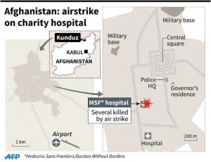 Map of central Kunduz, Afghanistan locating air strike on MSF trauma center