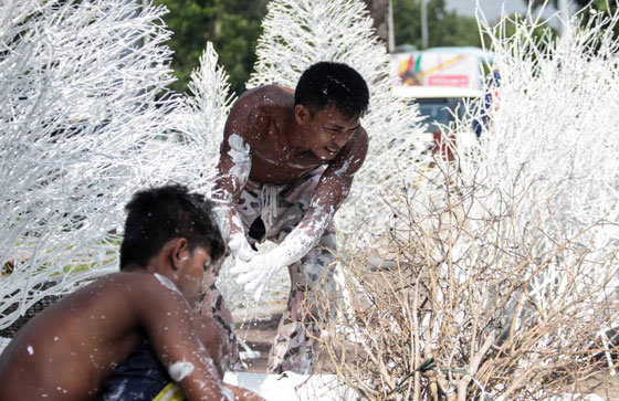 Workers paint a Christmas tree made from dried twigs in Pasay City. these white Christmas trees are snapped up fast as the holiday season approaches. PHOTO by DJ DIOSINA 