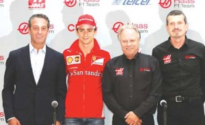 Mexican driver Esteban Gutierrez (2nd from left) was announced as the second driver of the HAAS F1 Team during a press conference held at the Soumaya Museum in Mexico City. Others in photo are (from left) Telmex-Telcel Racing’s Carlos Slim Domit, HAAS F1 Team founder and chairman Gene Haas and Team Principal Guenther Steiner.