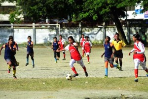 Bangladesh’s Kolsindur high school football team captain Maria Manda (center) controls the ball during a match in Dhaka. More than a dozen of Kolsindur’s players have already played on the national girls’ team, among them 12-year-old Tahura Khatun, a diminutive striker nicknamed the “Kolsindur Messi” after Barcelona player Lionel Messi. AFP PHOTO 