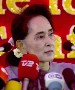 COUNTDOWN TO ELECTION Myanmar opposition leader Aung San Suu Kyi and head of the National League for Democracy (NLD) speaks at a press conference from her residential compound in Yangon on November 5 ahead of the landmark November 8 elections. AFP PHOTO