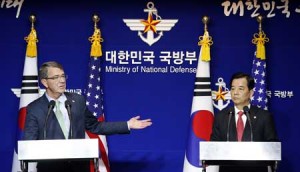 US, SKOREA DEFENSE HEADS MEET  US Secretary of Defense Ashton Carter gestures during a joint news conference with South Korean Defense Minister Han Min Koo (R) after the 47th Security Consultative Meeting or SCM at the Defense Ministry in Seoul on November 2. Carter visited the Demilitarized Zone (DMZ) dividing the Korean peninsula and renewed calls for North Korea to avoid provocations and step away from its nuclear program. AFP PHOTO