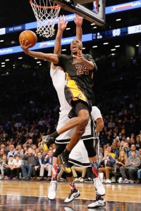 Kobe Bryant No.24 of the Los Angeles Lakers hits a basket against the Brooklyn Nets at the Barclays Center on Saturday in the Brooklyn borough of New York City. The Lakers defeated the Nets 104-98. AFP PHOTO