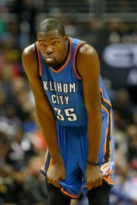 INJURY WOES Kevin Durant No.35 of the Oklahoma City Thunder looks on against the Washington Wizards in the first half at Verizon Center on Wednesday in Washington, D.C. AFP PHOTO