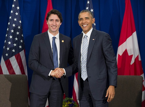 US President Barack Obama and Canadian Prime Minister Justin Trudeau (L) shake hands during their bilateral meeting on the sidelines of the Asia-Pacific Economic Cooperation (APEC) Summit in Manila on Thursday. AFP PHOTO