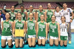 Members of Southern Luzon, headed by MVP Alleiah Jan Malaluan (2), head coach Regine Diego and assistant mentor Raphael Guevara, pose after edging NCR for the Shakey’s Girls’ Volleyball League Season 13 crown. CONTRIBUTED PHOTO