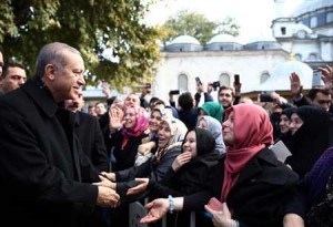 MODERN-DAY SULTAN?  This handout photo taken and made available on November 2 shows Turkey’s President Recep Tayyip Erdogan (L) speaking to supporters after morning prayers at Eyup Sultan Mosque in Istanbul. AFP PHOTO