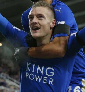 Leicester City’s English striker Jamie Vardy (below left) as he celebrates after scoring. AFP PHOTO