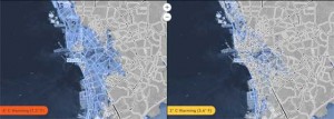 WATERY FUTURE  This map, provided by the interactive website climatecentral.org, shows parts of Metro Manila (shaded areas) that would be submerged by the sea in case of a 4 degree Celsius temperature increase (left) or a 2 degree increase (right). GRAPHIC: CLIMATE CENTRAL