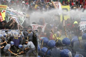 WET AND WILD  Protesters attempting to get near the venue of the APEC summit are bombarded with water cannons. Inset photo shows policemen helping an injured colleague. PHOTOS BY MIKE DE JUAN