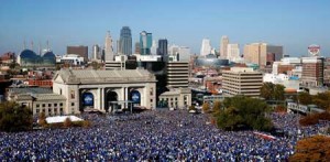 A general view of crowds gathered in front of Union Station and the skyline as the Kansas City Royals players hold a rally and celebration following a parade in honor of their World Series win on Wednesday in Kansas City, Missouri. AFP PHOTO