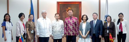  (From left) Special Assistant Maria Elena Algabre (DFA OUIR), Executive Director Aileen Rau (DFA ASPAC), Mary Anne Luis (head International Affairs Office-NCCA), Undersecretary Jesus Yabes (DFA Migrant Worker), Chairma Felipe De Leon, Ambassador Zhao Jianhua, Undersecretary Lingligay Lacanlale, Pan Feng (Cultural Counselor), Senior Special Assistant Millicent Paredes (DFA OUIR), and Director Nicole De Castro (DFA ASPAC) 