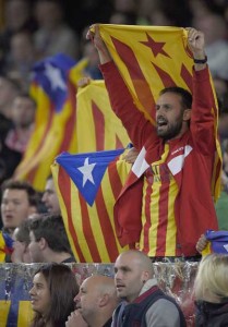 FANS OF INDEPENDENCE  A Barcelona’s fan holds an “estelada” (pro-independence Catalan flag) during a UEFA Champions League football match between FC Barcelona and FC BATE Borisov in Barcelona on November 4. Catalonia’s regional parliament on Monday began a process leading to secession from Spain, a move bitterly criticized as illegal by Madrid. AFP PHOTO