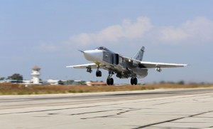 RUSSIAN JET DOWNED BY TURKEY A file picture taken on October 3 shows a Russian Sukhoi Su-24 bomber taking off from the Hmeimim airbase in the Syrian province of Latakia. Russia said on November 24 that the military plane Turkey shot down at the Syrian border was a Russian Sukhoi Su-24 jet, adding that the jet did not enter Turkish space. AFP PHOTO 