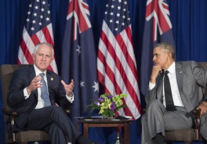 NO GROUND forces TO SYRIA File photo dated November 17 shows US President Barack Obama (R) listening as Australia’s Prime Minister Malcolm Turnbull (L) speaks following a bilateral meeting on the sidelines of the Asia-Pacific Economic Cooperation (APEC) Summit in Manila. Australian Prime Minister Malcolm Turnbull said in a national security address to parliament in Canberra on November 24 that there was no global support for a US-led ground force to destroy the Islamic State group, while warning resolve to defeat jihadists has never been stronger. AFP PHOTO