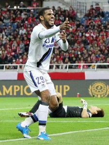 Gamba Osaka’s Brazilian striker Patric celebrating his goal in the extra time at the J-League Championship semifinal against Urawa Reds in Saitama on Saturday. Japan’s Urawa Red Diamonds have been forced to announce again that they will not tolerate racism, after an apparent fan posted an insulting tweet against a rival team black Brazilian striker. AFP PHOTO