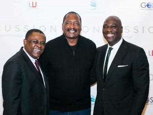 Bennet Omalu (left), Mathew Knowles and Adewale Akinnouye-Agbaje attend a screening of Concussion in Houston, Texas on December 19, 2015. The film depicts the true life events of Dr. Omalu and his sports science findings about impact trauma. AFP PHOTO