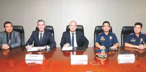 PRESENT at the Memorandum of Agreement signing between the Philippine National Police and Resorts World Manila (RWM) (from left) RWM Director for Safety and Security Rey Milleza, Chief Operating Officer Stephen Reilly, Chief Safety & Security Officer Armeen Gomez, Southern Police District Chief Superintendent Henry Rañola Jr., and Pasay City Police Chief Senior Superintendent Joel Doria.